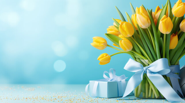Bright yellow tulips and elegantly wrapped gifts adorned with blue and golden ribbons against a soft blue background with light bokeh and golden glitter on the surface.