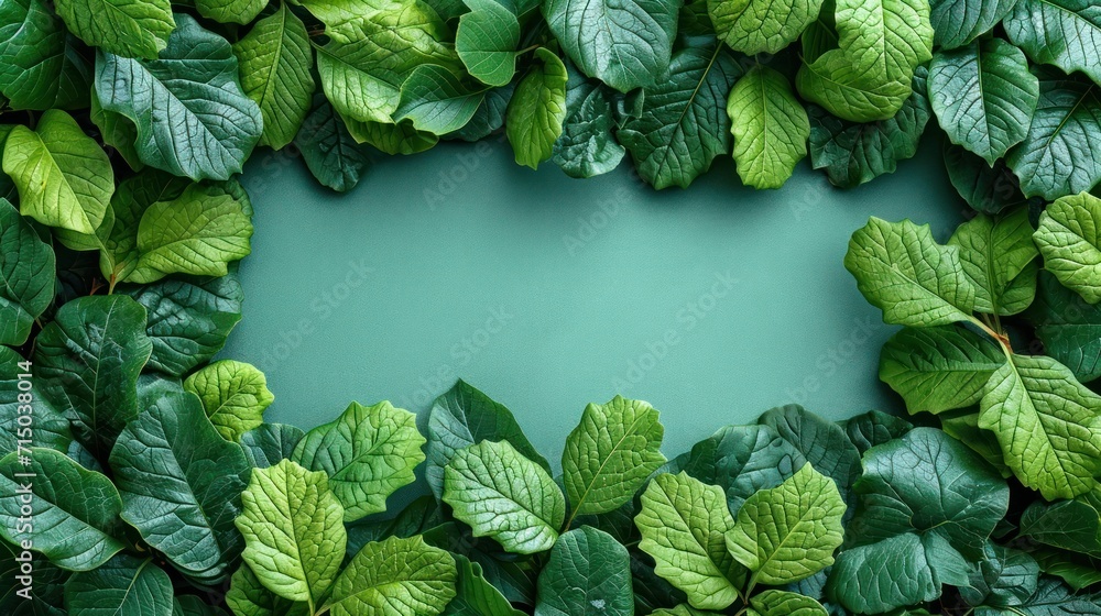 Poster a group of green leaves arranged in a circle on a blue background with a place for a text in the cen
