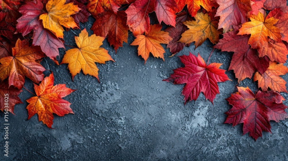 Poster a group of red and yellow leaves on a gray background with space for text on the left side of the im