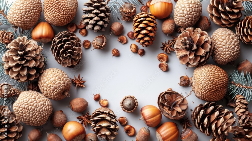 Poster a group of pine cones and acorns surrounded by pine needles and pine cones on a white background wit