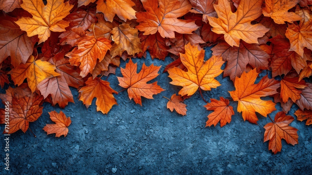 Poster a group of orange and yellow leaves on a blue background with space for a text or an image to put on