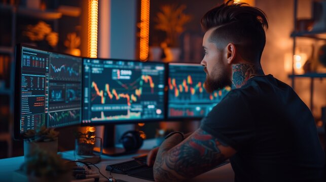 A tattooed financial trader intensely reviews market data on multiple computer screens