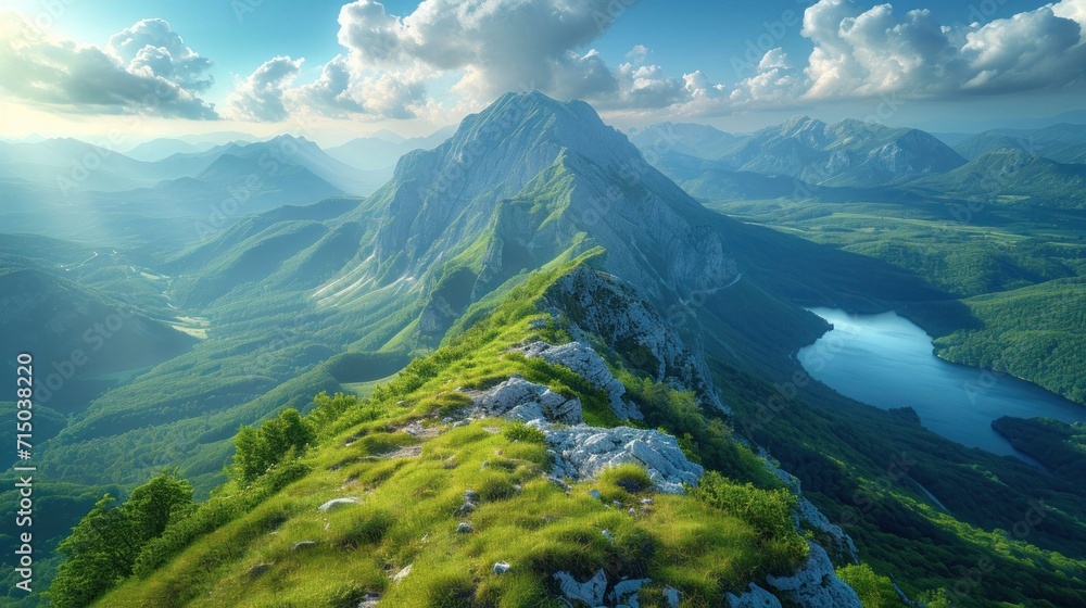 Poster an aerial view of a mountain range with a lake in the foreground and mountains in the background wit