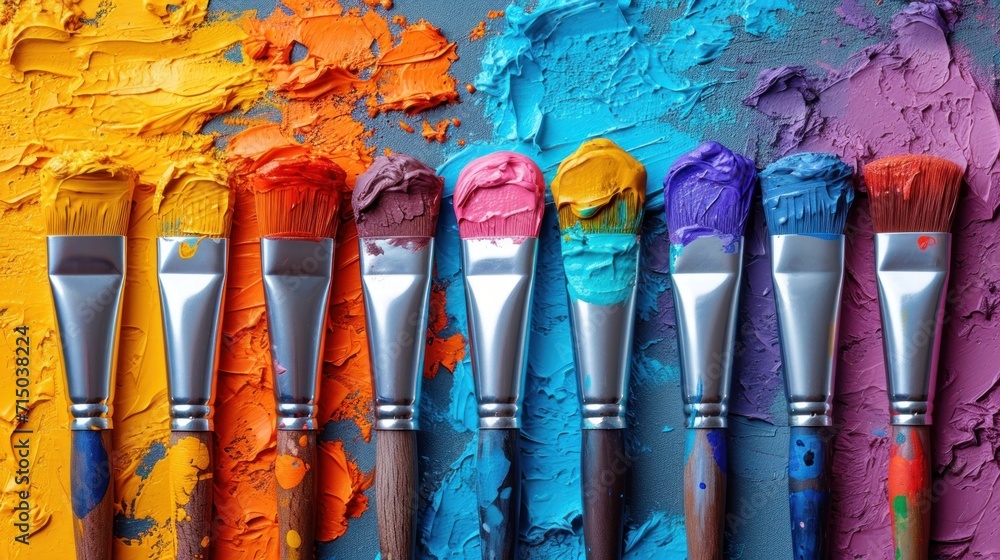 Poster a row of paintbrushes with different colors of paint on the side of a wall with multiple colors of p