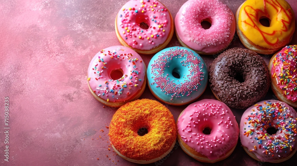 Poster a group of doughnuts with sprinkles arranged in a circle on a pink surface with a sprinkle of sprink