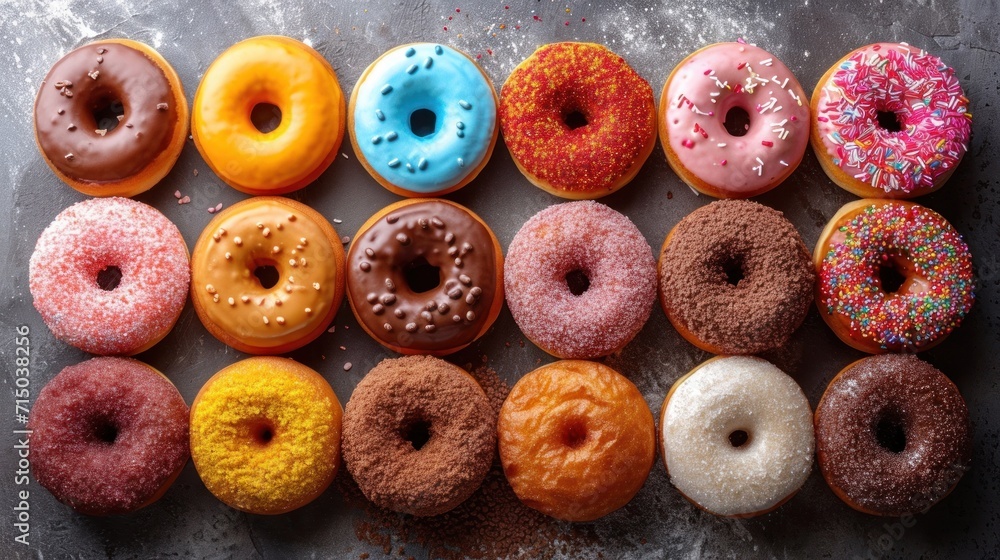 Wall mural  a group of doughnuts sitting on top of a table next to each other on a piece of parchment paper with sprinkles on top of the doughnuts.