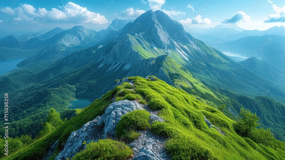 Poster a scenic view of a mountain range with a stream running between it and a body of water on the other 