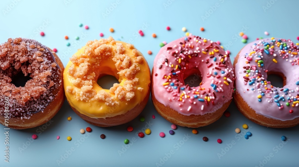 Poster a row of three different flavored donuts with sprinkles on a blue background with a few more donuts 