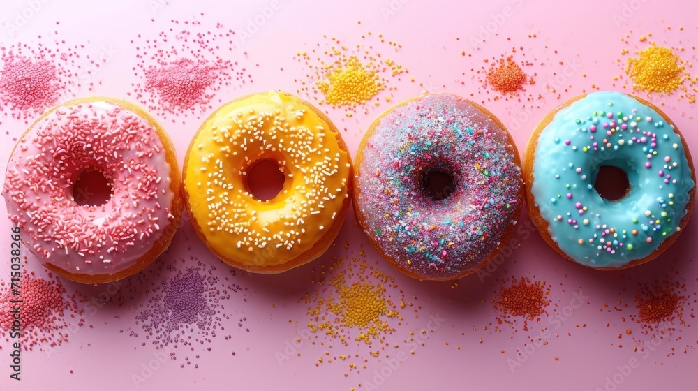 Poster three donuts with sprinkles are lined up in a row on a pink surface with confetti sprinkles on the s