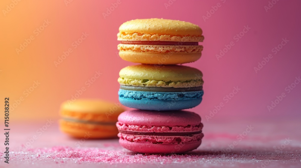 Poster a stack of colorful macaroons sitting on top of each other on a pink and pink surface with sprinkles