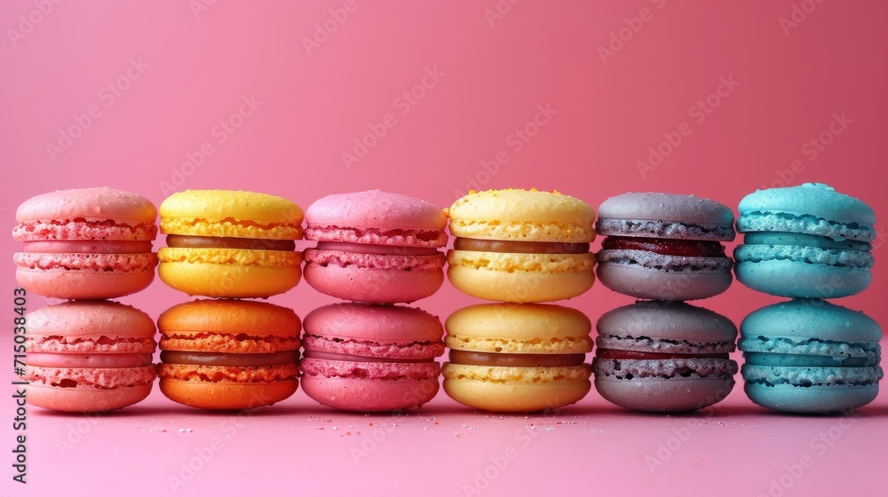 Poster a row of colorful macaroons sitting on top of each other on top of a pink surface with one macaroon 