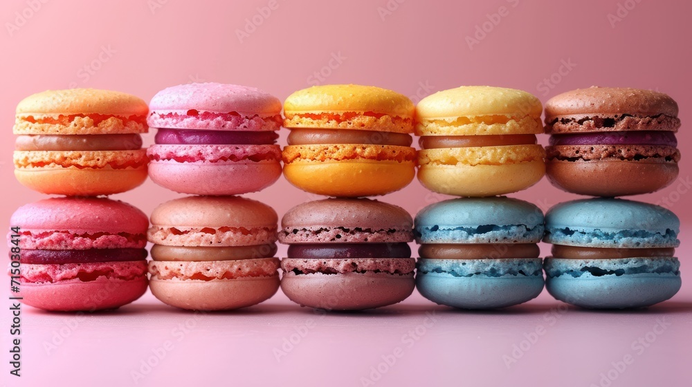 Poster a row of macaroons sitting on top of each other on top of a pink surface with one macaroon in the mi