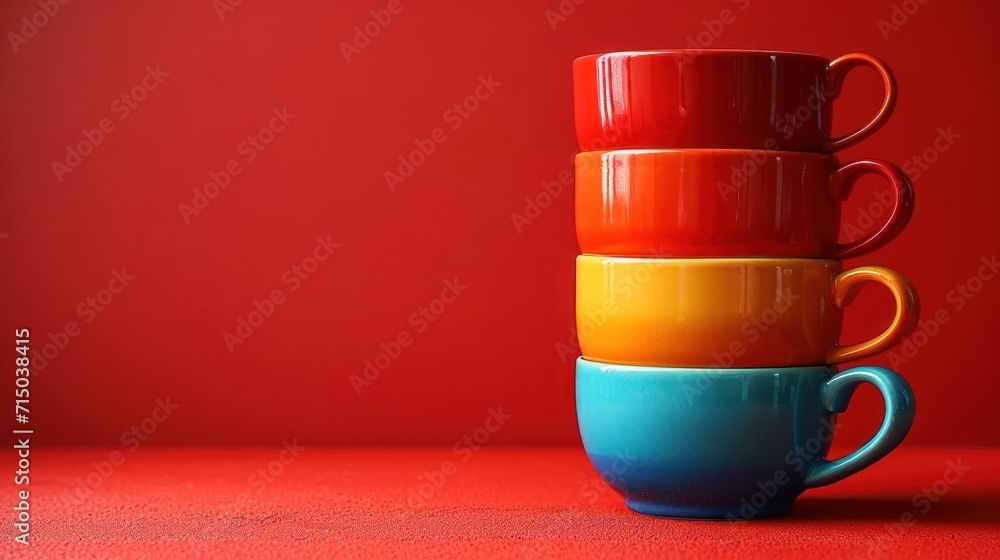 Poster a stack of colorful coffee cups sitting on top of each other in front of a bright red background wit