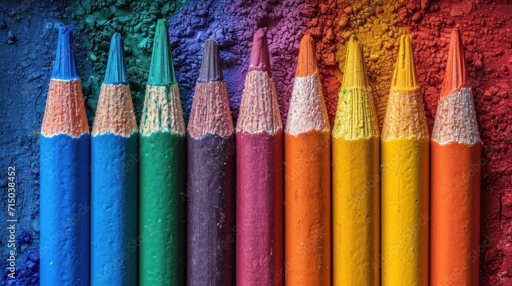 Aufkleber a row of colored pencils sitting in front of a multicolored wall with a rainbow of colors in the mid
