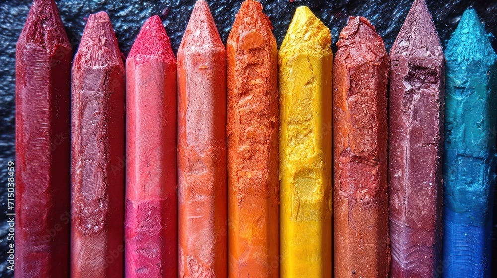 Poster a row of colorful crayons sitting on top of a table the crayon are arranged in a neat line and come 