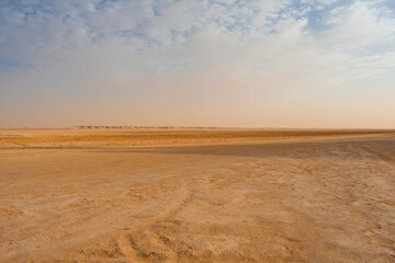 Beautiful landscape in Middle of Sahara Desert in Tunisia, North Africa. Sand dunes and rock formations