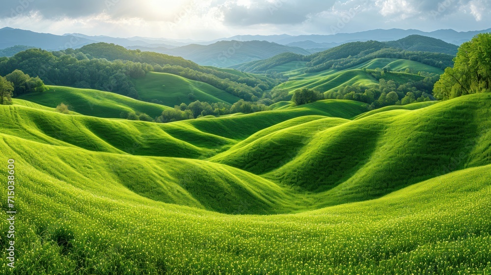 Aufkleber a field of green grass with mountains in the background and a blue sky with a few clouds in the sky 