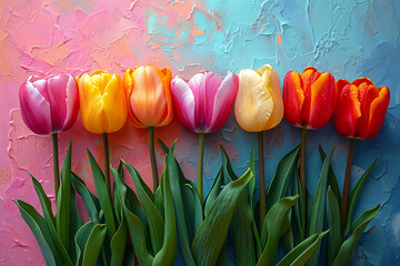 background with tulips, flat lay