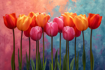 background with tulips, flat lay