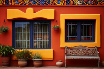 The door of the house in Mexico, exterior. Colorfoul walls with pattern and flowers.