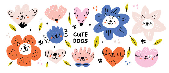 Cute dogs portrait in cartoon style. Dog and flowers childish illustration in flat style isolated white background