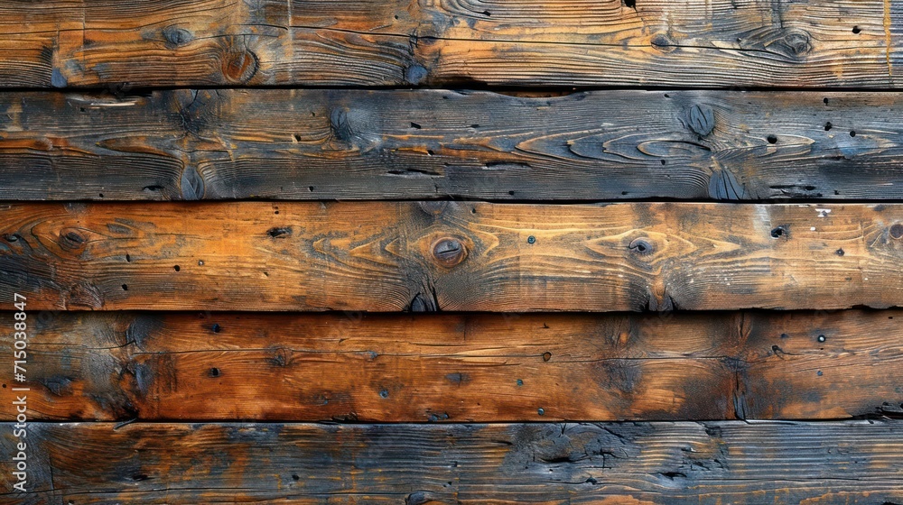 Poster  a close up of a wooden wall made of planks of different colors and sizes with holes in the middle of the planks of the wood, with a rusted surface.