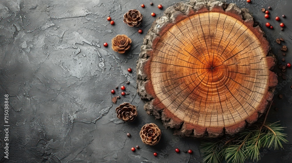 Poster a close up of a tree stump with pine cones and berries on a gray surface with a pine cone and pine c