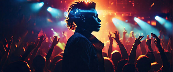 The Portrait in a silhouette double exposure. The Concert, a musician, is shown with intense color contrast, their face illuminated by vibrant stage lights, and their silhouette blending into a crowd 