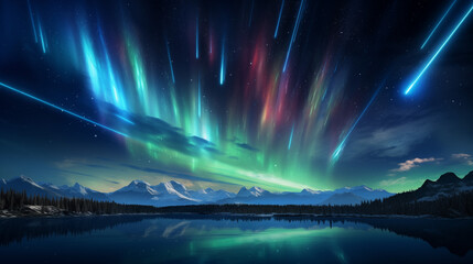 Ethereal Northern Lights with Meteor Shower Over Mountain Lake