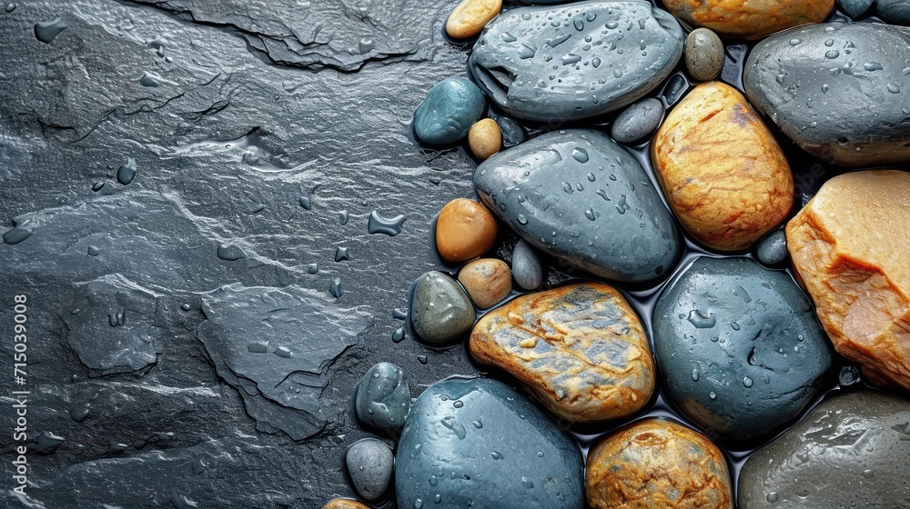Poster a bunch of rocks that are next to each other with water droplets on them and a rock with a piece of 