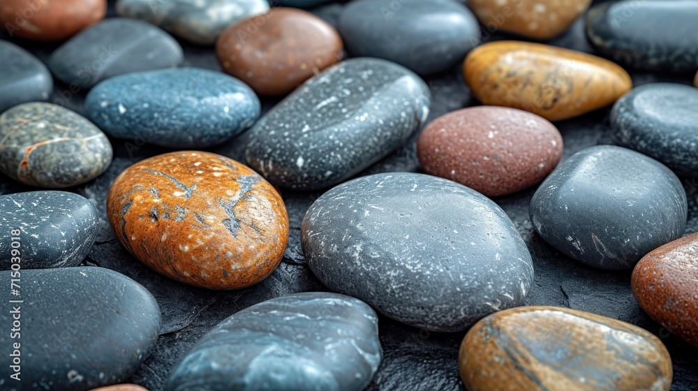 Poster a close up of a bunch of rocks with different colors and sizes of rocks on top of one another with w