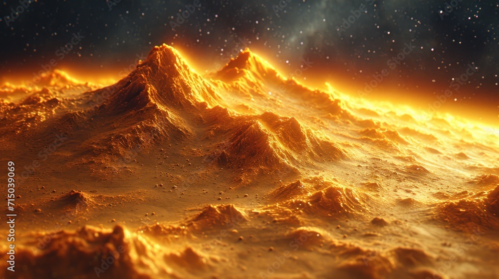Poster a computer generated image of a mountain range with stars in the sky and a bright yellow substance i