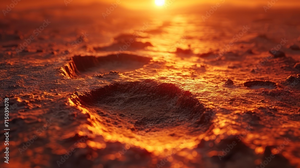 Poster a close up of the sun setting over a body of water with rocks in the foreground and a small patch of