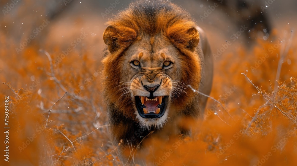 Poster a close up of a lion in a field of tall grass with it's mouth open and it's mouth wide open with it'