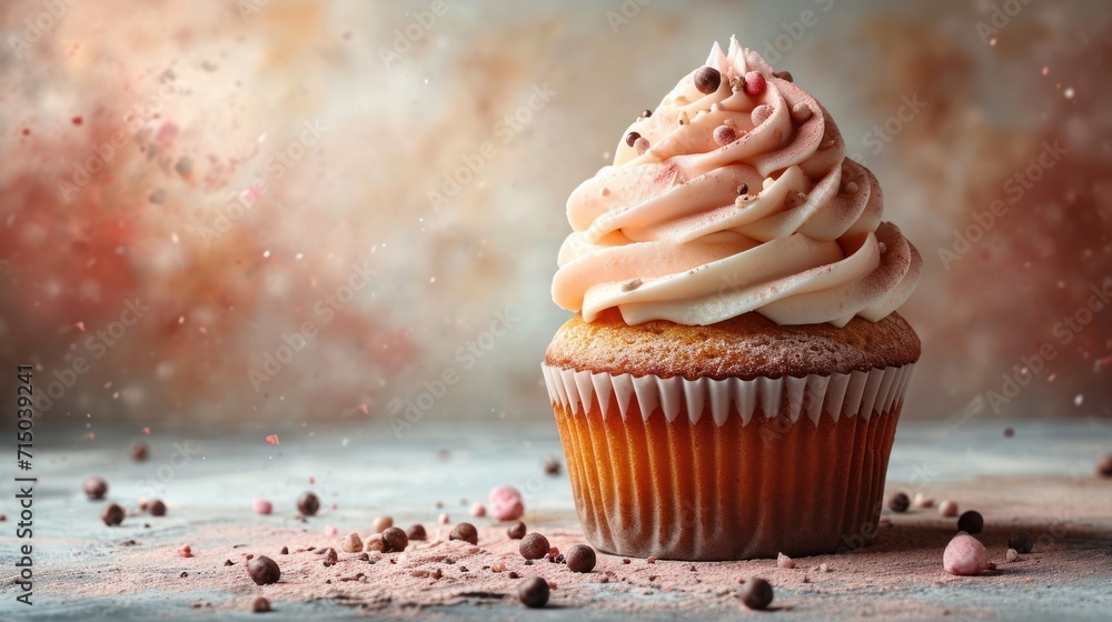 Sticker  a cupcake with white frosting and sprinkles on a gray surface with pink and brown sprinkles on the side of the cupcake.