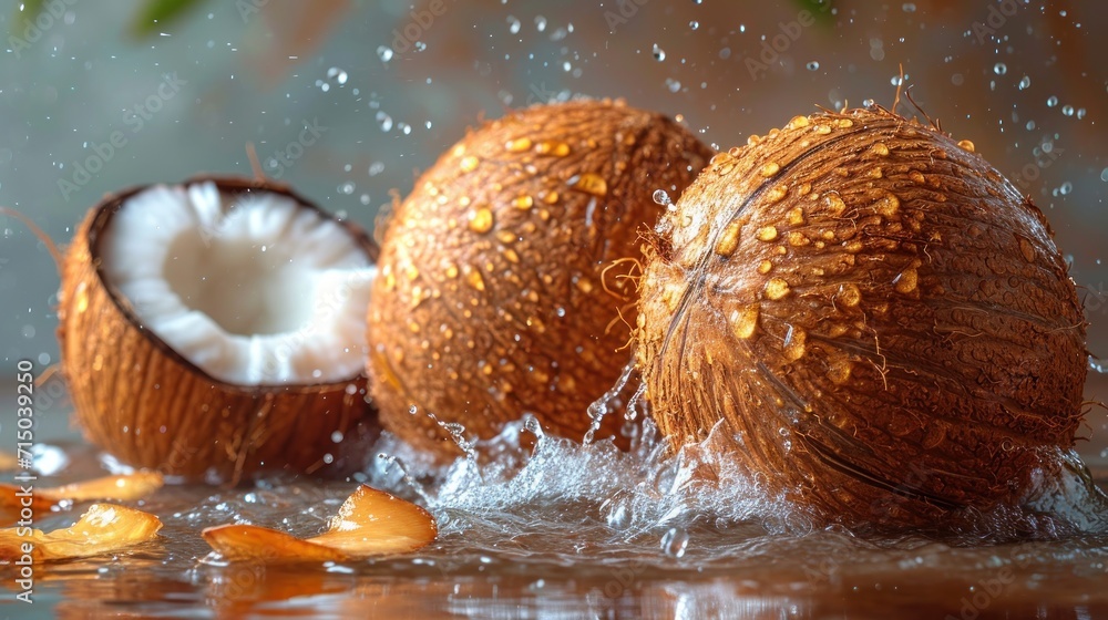 Poster a couple of coconuts sitting on top of a table next to a pile of coconut peels on top of a wet surfa