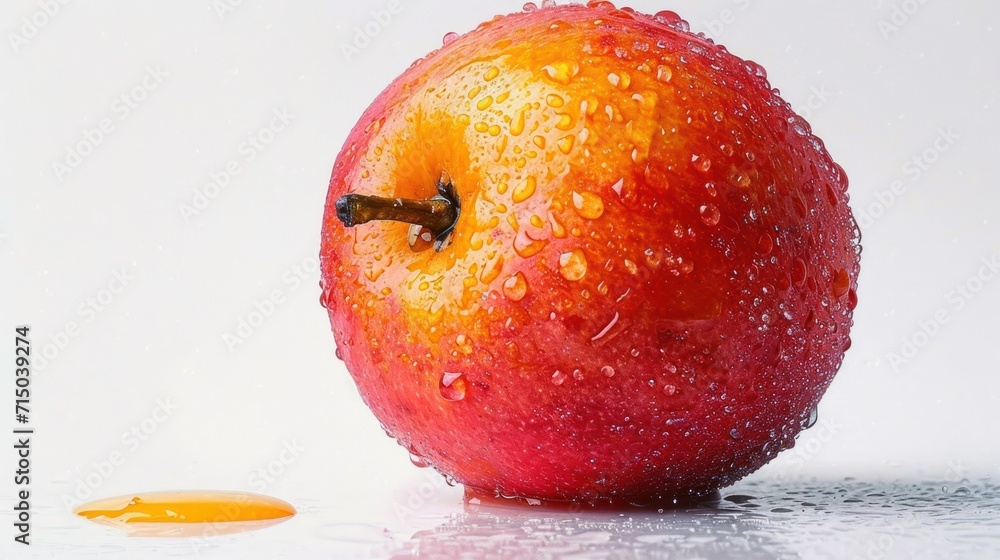 Poster a red apple sitting on top of a table next to a drop of water on top of a puddle of water next to a 
