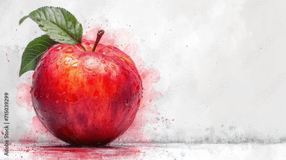 Poster a painting of a red apple with a green leaf on it's tip and water droplets on the bottom of the appl