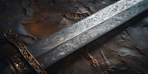 Close-up of a Sword with Intricate Engravings on a Leather Background