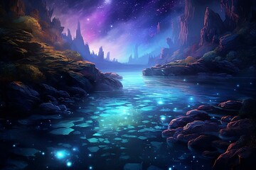 Enchanting nocturnal river with luminous blue water, purple particles, starlit sky, and moon – a captivating digital artwork. Generative AI