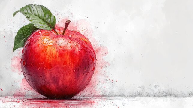  a painting of a red apple with a green leaf on it's tip and water droplets on the bottom of the apple and on the bottom of the image.