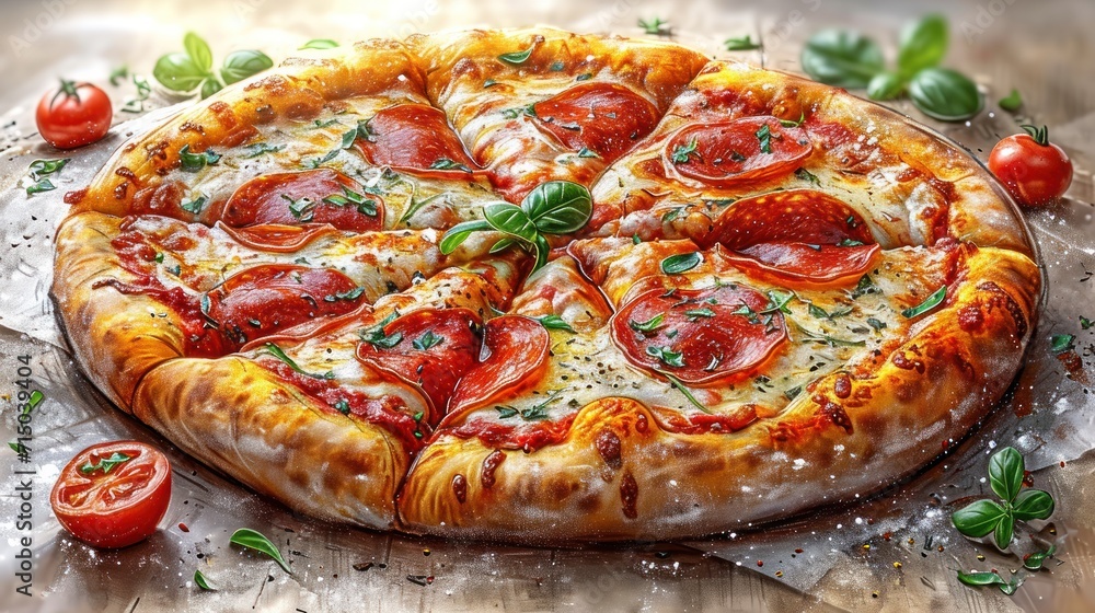 Poster a pizza sitting on top of a metal pan covered in cheese and toppings on top of a table next to a sli