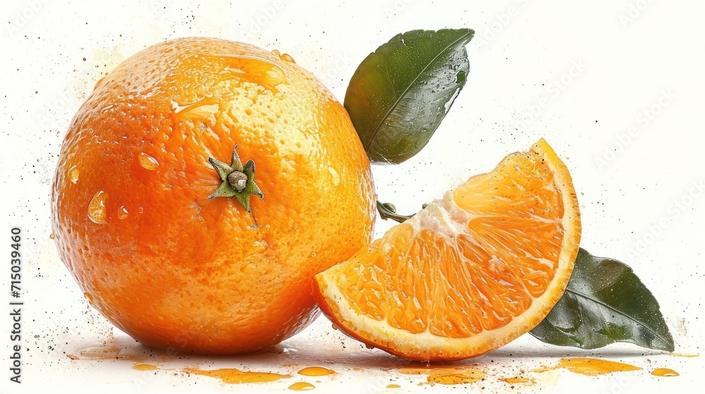 Poster a close up of two oranges with leaves on the top and one with a bite taken out of it and one with a 