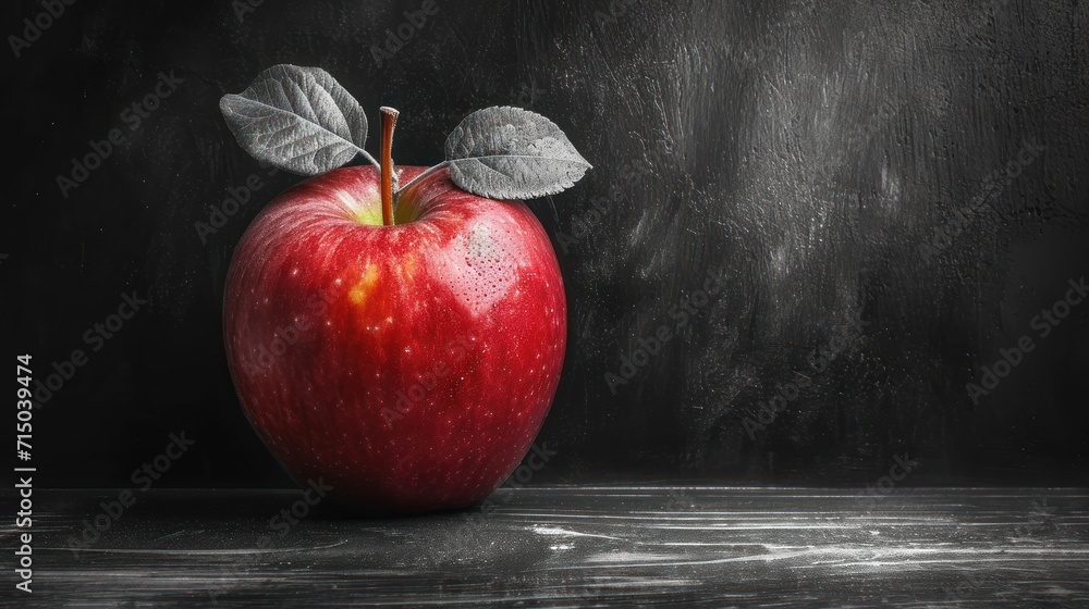 Poster a red apple sitting on top of a table next to a chalkboard wall with a leaf sticking out of the top 