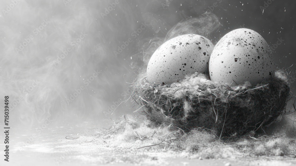 Poster  a black and white photo of three eggs in a bird's nest with smoke coming out of the top of the egg, on a black and white background.