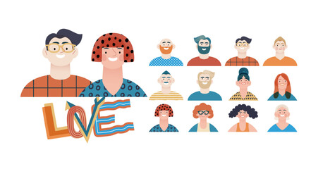 Valentine: Spectrum of Love - modern flat vector concept illustration of a vibrant array of individual portraits celebrating love's diverse expressions. Metaphor for the universal language of love