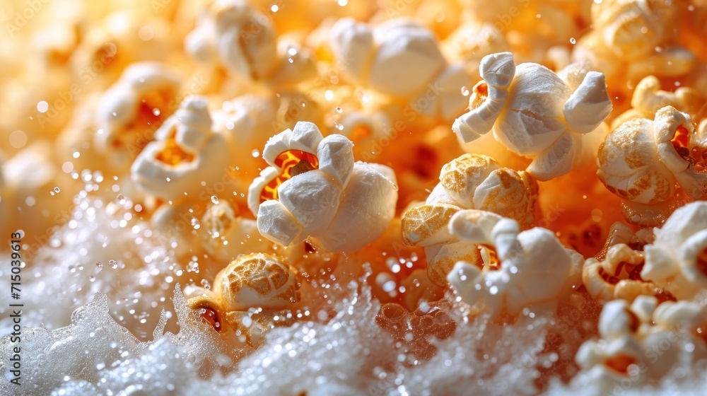 Poster a pile of popcorn sitting on top of a table next to a pile of popcorn on top of a table next to a pi