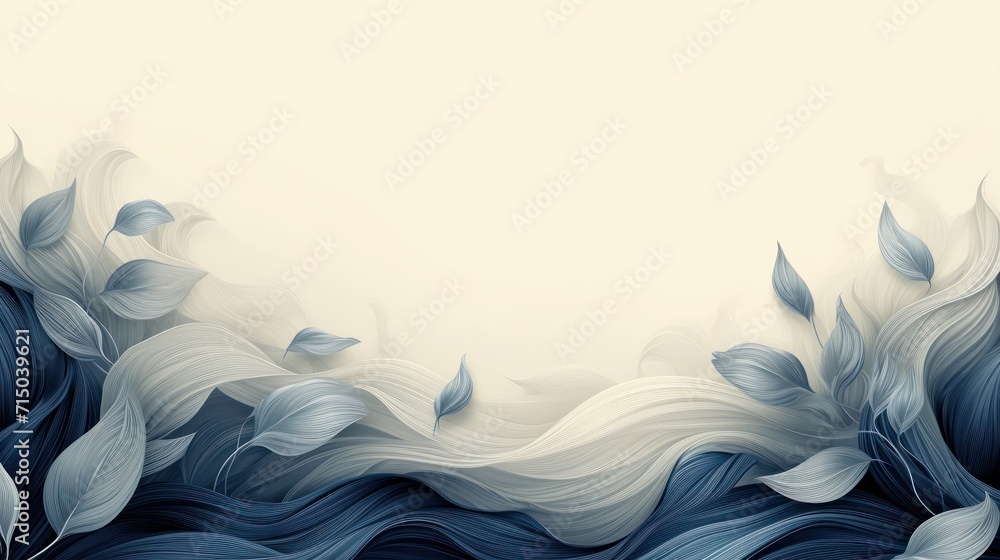 Aufkleber a painting of blue and white leaves on a white background with a place for a text on the left side o