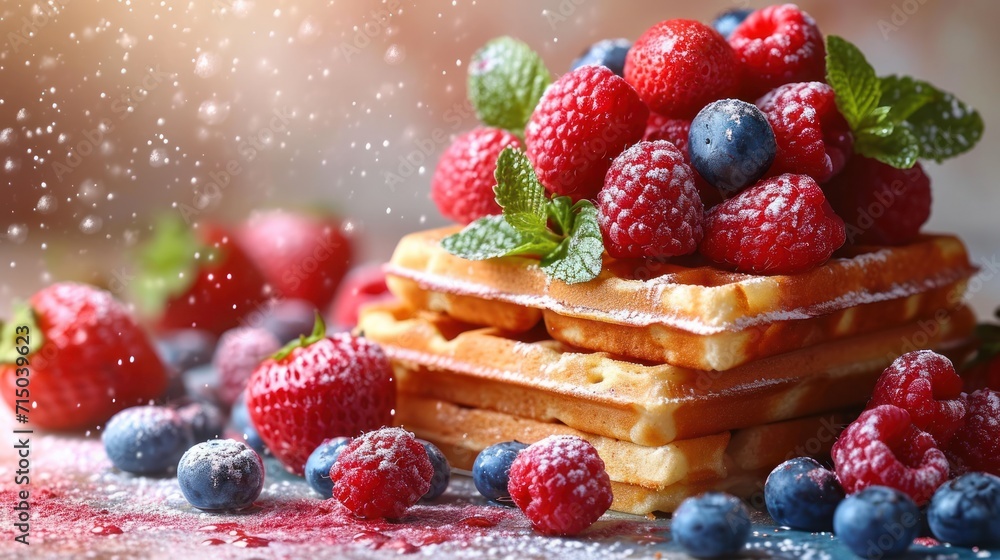 Poster a stack of waffles topped with raspberries and blueberries on top of a table next to a pile of raspb