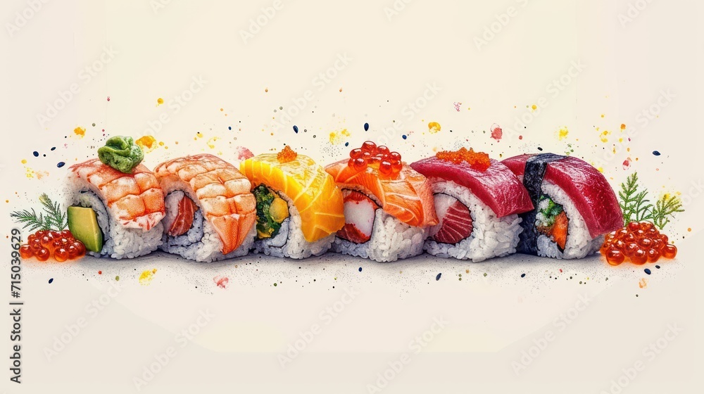 Poster a row of sushi rolls with different types of sushi on top of each of them and garnished with garnish